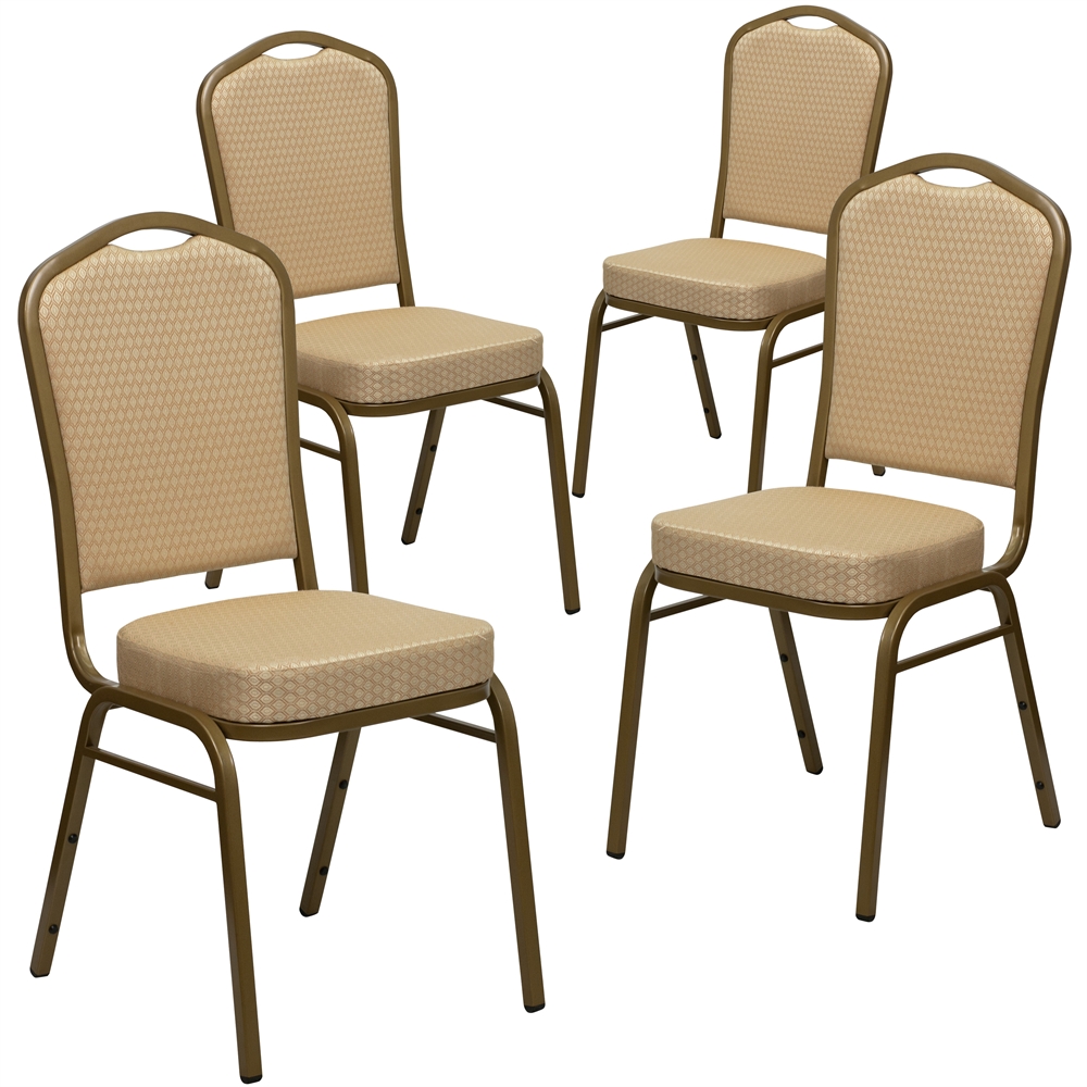 4 Pk. HERCULES Series Crown Back Stacking Banquet Chair with Beige Patterned Fabric and 2.5'' Thick Seat - Gold Frame. Picture 1