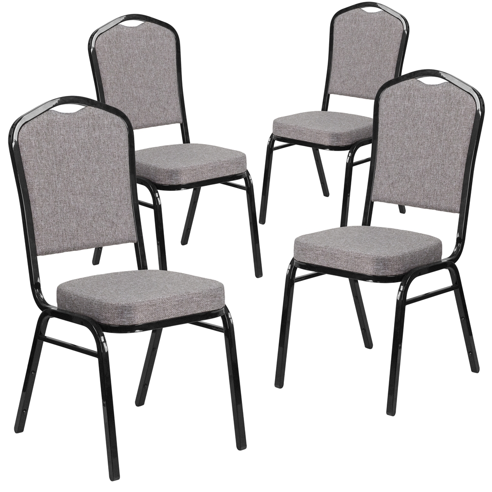 4 Pk. HERCULES Series Crown Back Stacking Banquet Chair with Gray Fabric and 2.5'' Thick Seat - Black Frame. Picture 1