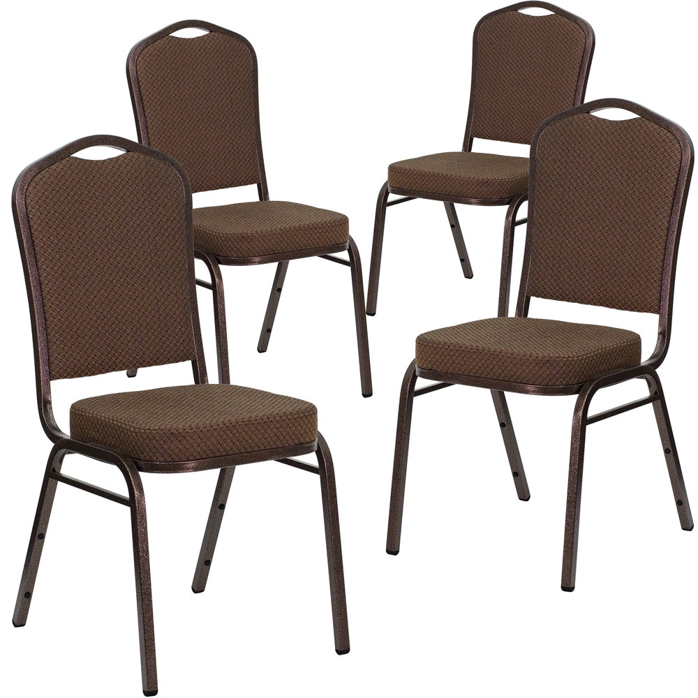 4 Pk. HERCULES Series Crown Back Stacking Banquet Chair with Brown Patterned Fabric and 2.5'' Thick Seat - Copper Vein Frame. The main picture.
