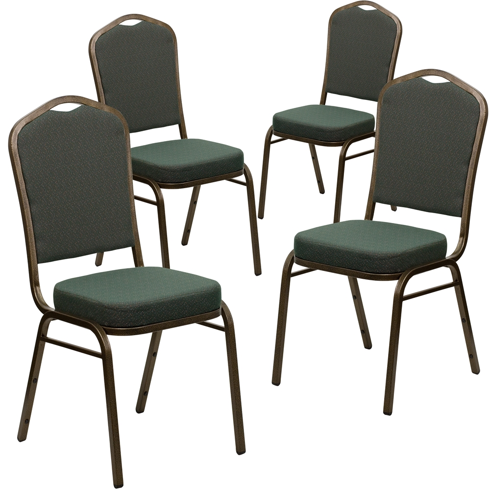 4 Pk. HERCULES Series Crown Back Stacking Banquet Chair with Green Patterned Fabric and 2.5'' Thick Seat - Gold Vein Frame. Picture 1