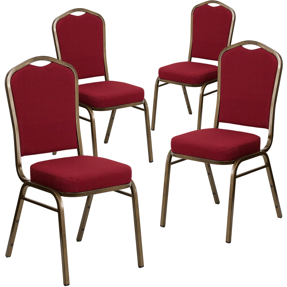 4 Pk. HERCULES Series Crown Back Stacking Banquet Chair with Burgundy Fabric and 2.5'' Thick Seat - Gold Vein Frame. Picture 1