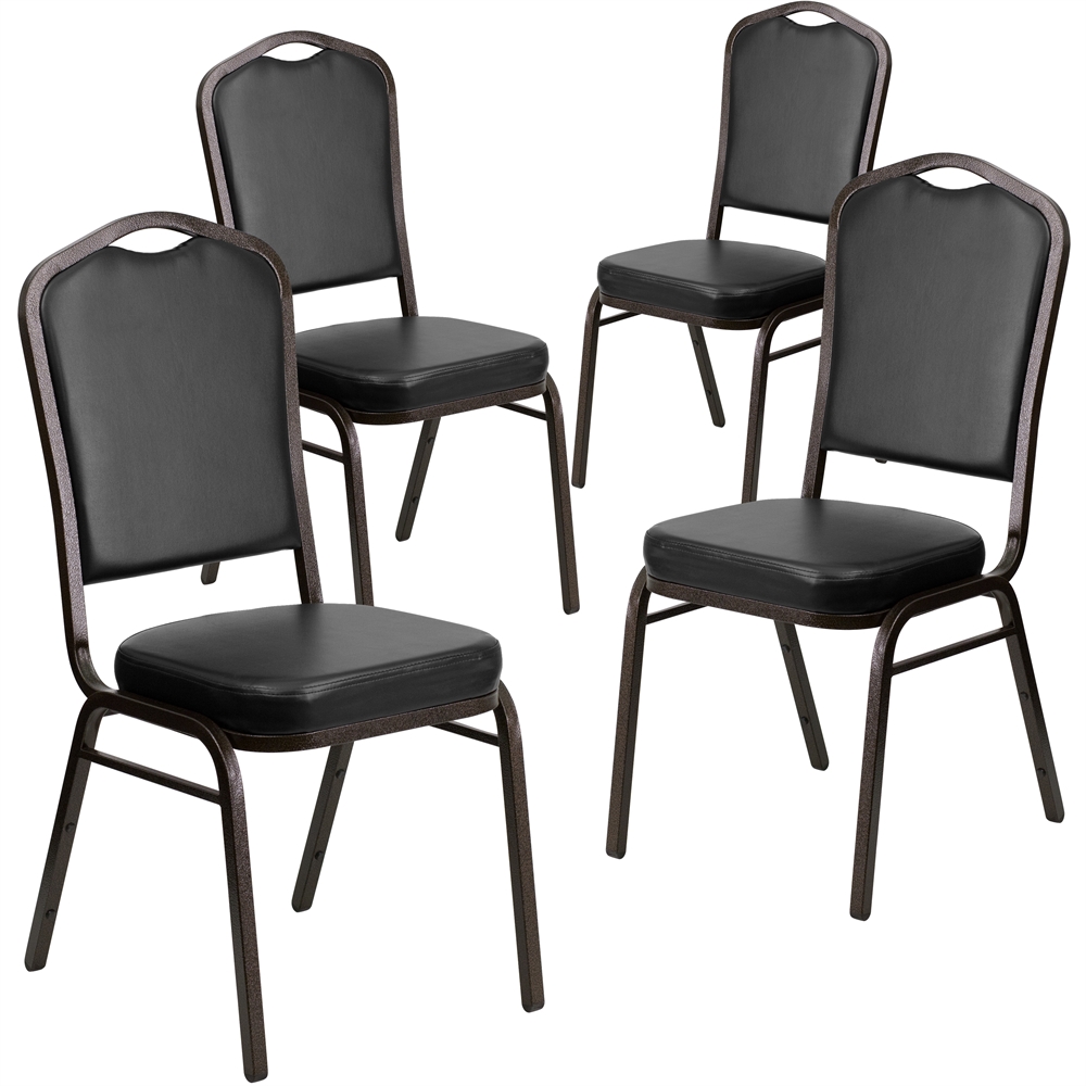 4 Pk. HERCULES Series Crown Back Stacking Banquet Chair with Black Vinyl and 2.5'' Thick Seat - Gold Vein Frame. Picture 1