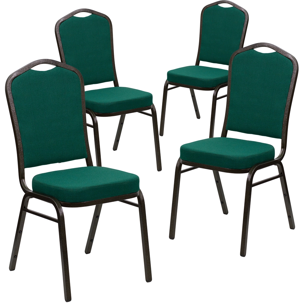 4 Pk. HERCULES Series Crown Back Stacking Banquet Chair with Green Fabric and 2.5'' Thick Seat - Gold Vein Frame. Picture 1