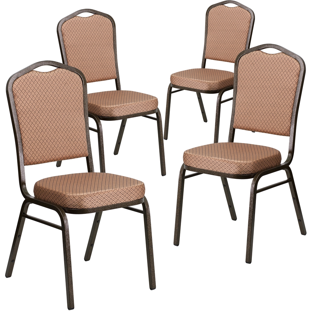 4 Pk. HERCULES Series Crown Back Stacking Banquet Chair with Gold Diamond Patterned Fabric and 2.5'' Thick Seat - Gold Vein Frame. Picture 1