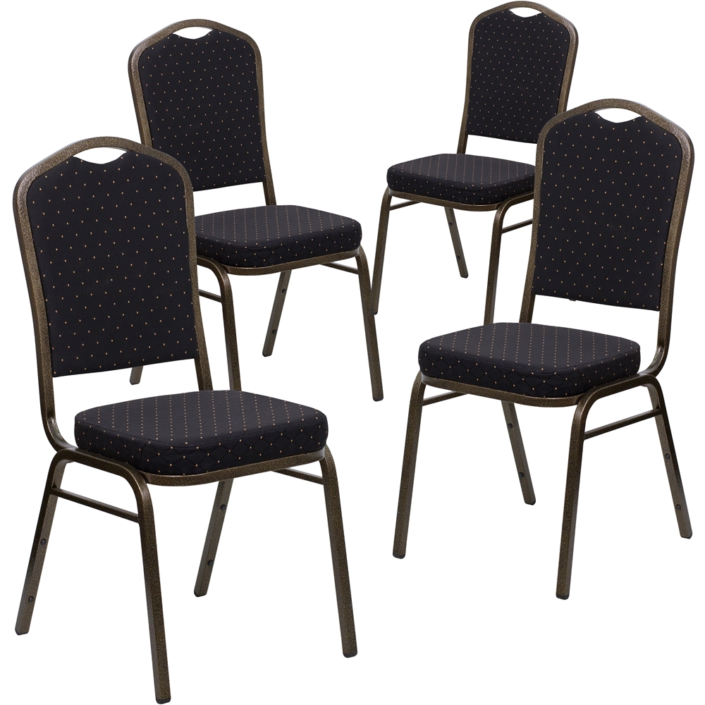 4 Pk. HERCULES Series Crown Back Stacking Banquet Chair with Black Patterned Fabric and 2.5'' Thick Seat - Gold Vein Frame. Picture 1