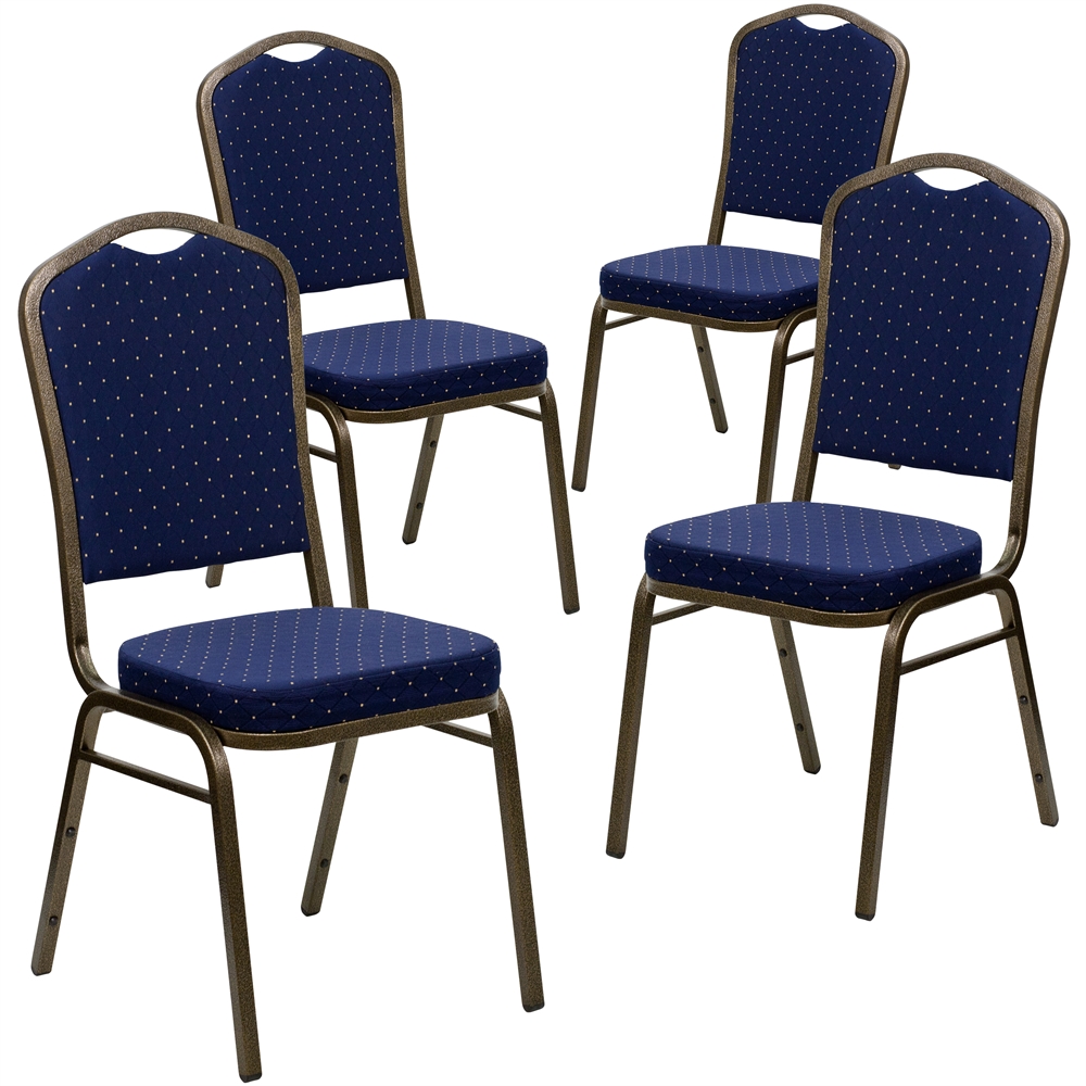 4 Pk. HERCULES Series Crown Back Stacking Banquet Chair with Navy Blue Patterned Fabric and 2.5'' Thick Seat - Gold Vein Frame. Picture 1