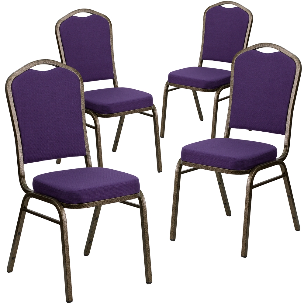 4 Pk. HERCULES Series Crown Back Stacking Banquet Chair with Purple Fabric and 2.5'' Thick Seat - Gold Vein Frame. Picture 1