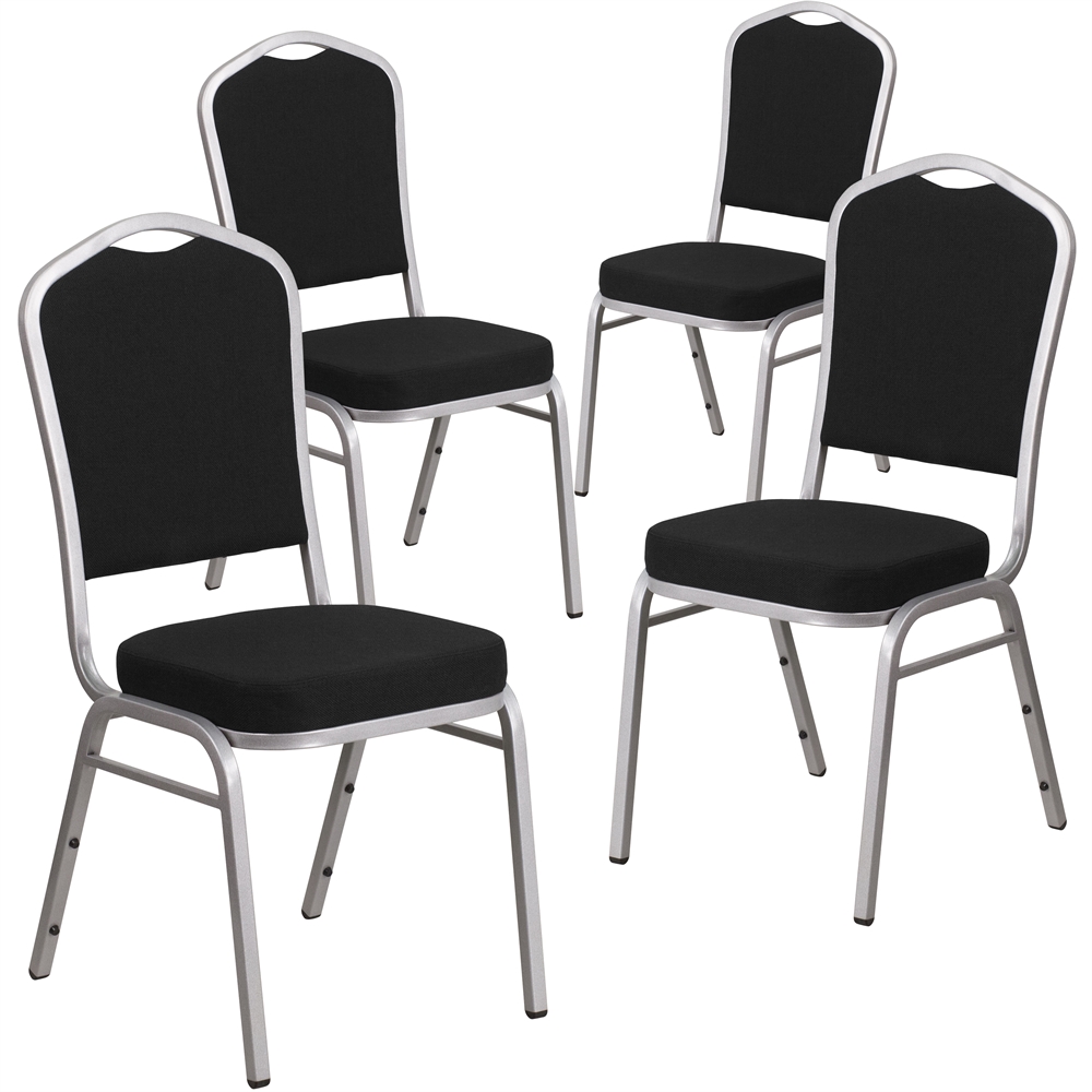 4 Pk. HERCULES Series Crown Back Stacking Banquet Chair with Black Fabric and 2.5'' Thick Seat - Silver Frame. Picture 1