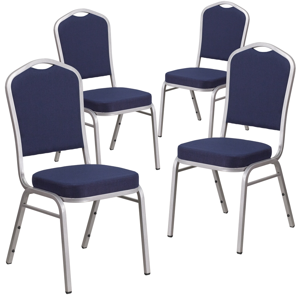 4 Pk. HERCULES Series Crown Back Stacking Banquet Chair with Navy Fabric and 2.5'' Thick Seat - Silver Frame. Picture 1