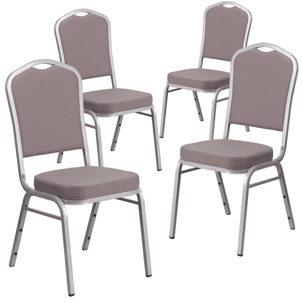 4 Pk. HERCULES Series Crown Back Stacking Banquet Chair with Gray Dot Fabric and 2.5'' Thick Seat - Silver Frame. Picture 1