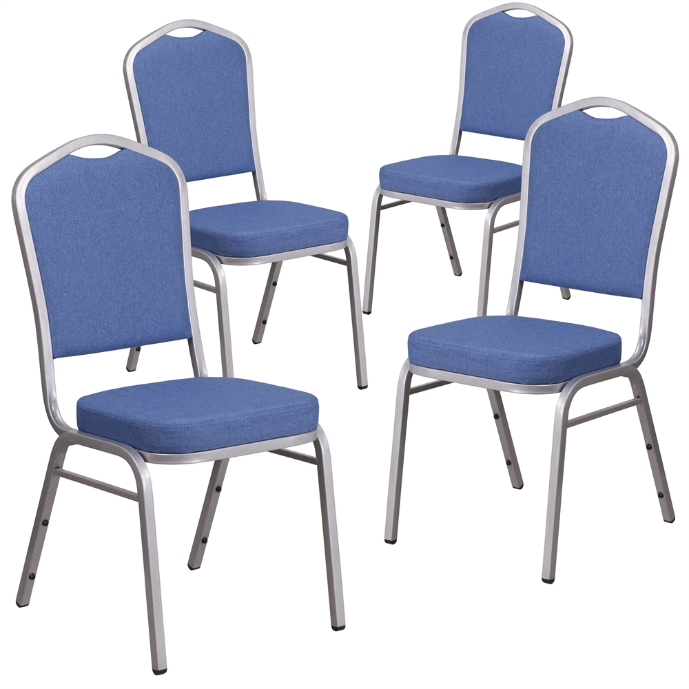 4 Pk. HERCULES Series Crown Back Stacking Banquet Chair with Blue Fabric and 2.5'' Thick Seat - Silver Frame. Picture 1
