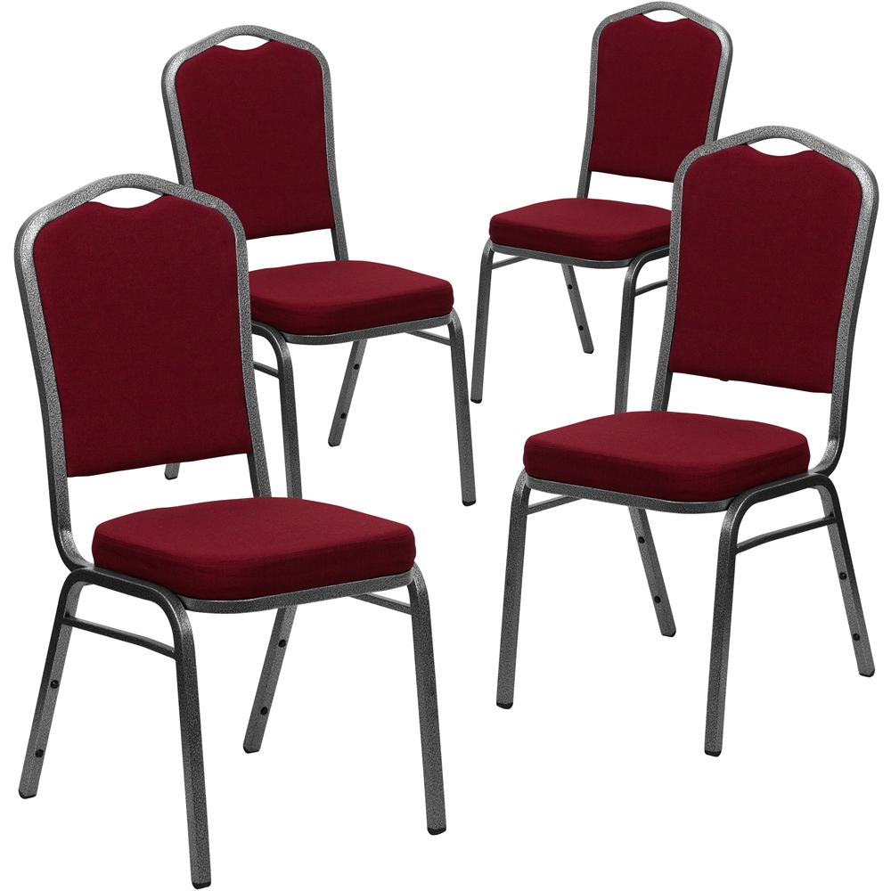 4 Pk. HERCULES Series Crown Back Stacking Banquet Chair with Burgundy Fabric and 2.5'' Thick Seat - Silver Vein Frame. Picture 1