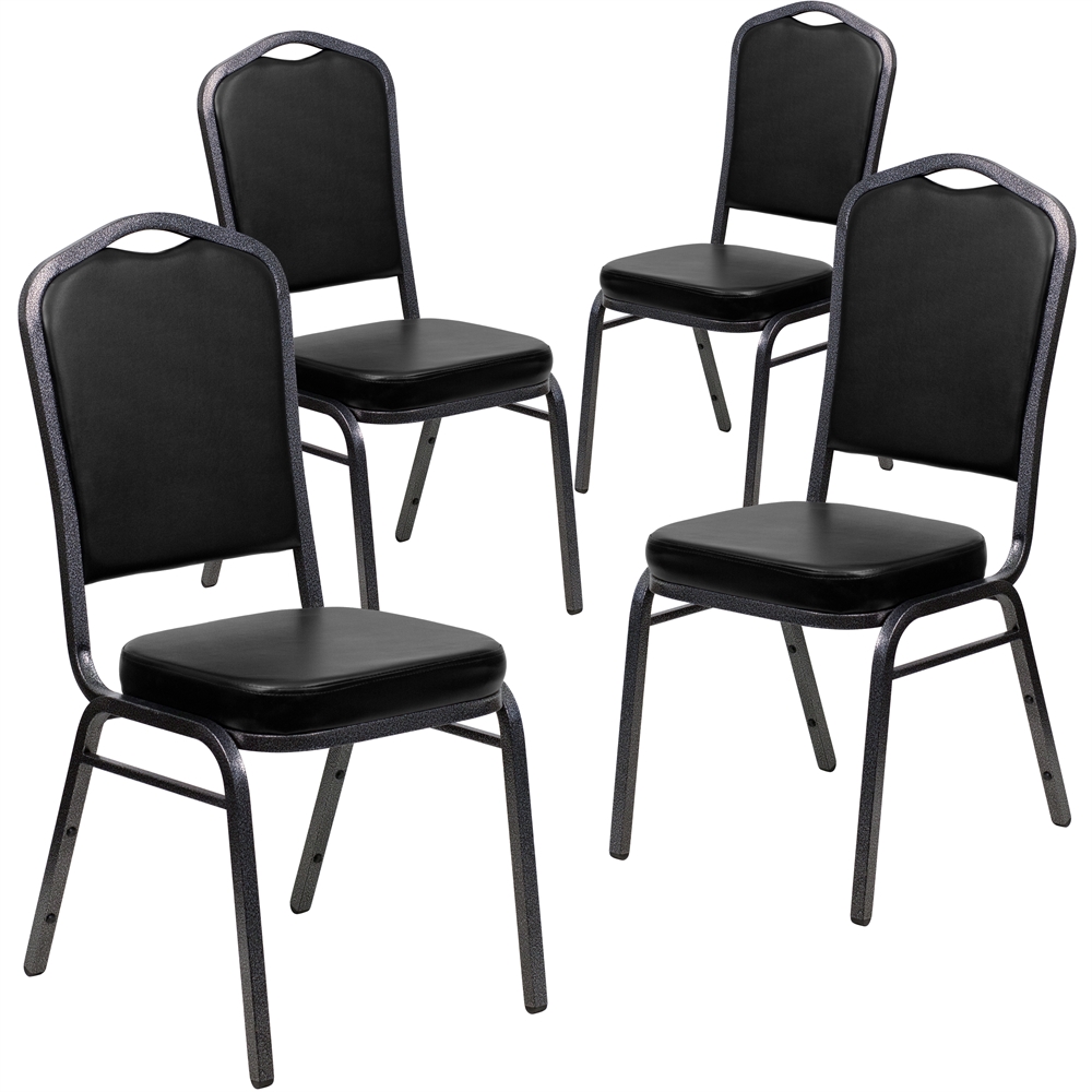4 Pk. HERCULES Series Crown Back Stacking Banquet Chair with Black Vinyl and 2.5'' Thick Seat - Silver Vein Frame. Picture 1