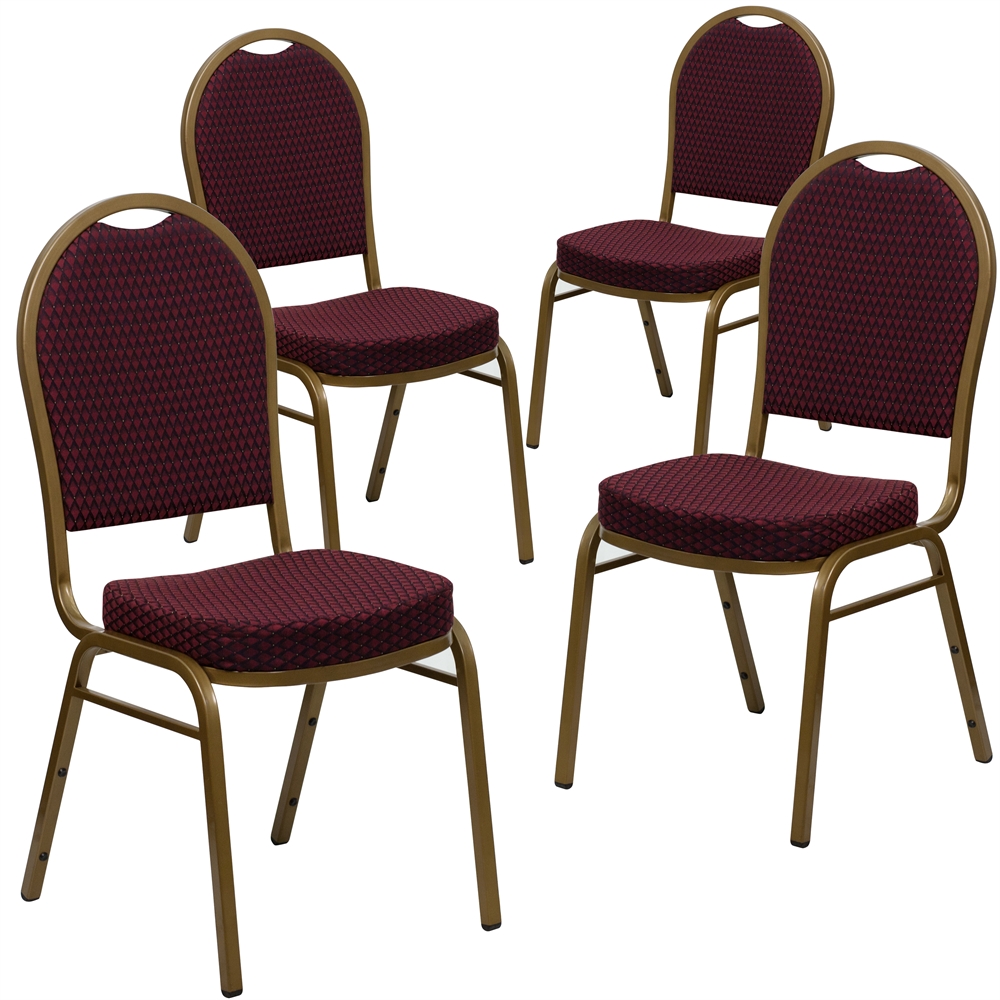 4 Pk. HERCULES Series Dome Back Stacking Banquet Chair with Burgundy Patterned Fabric and 2.5'' Thick Seat - Gold Frame. Picture 1