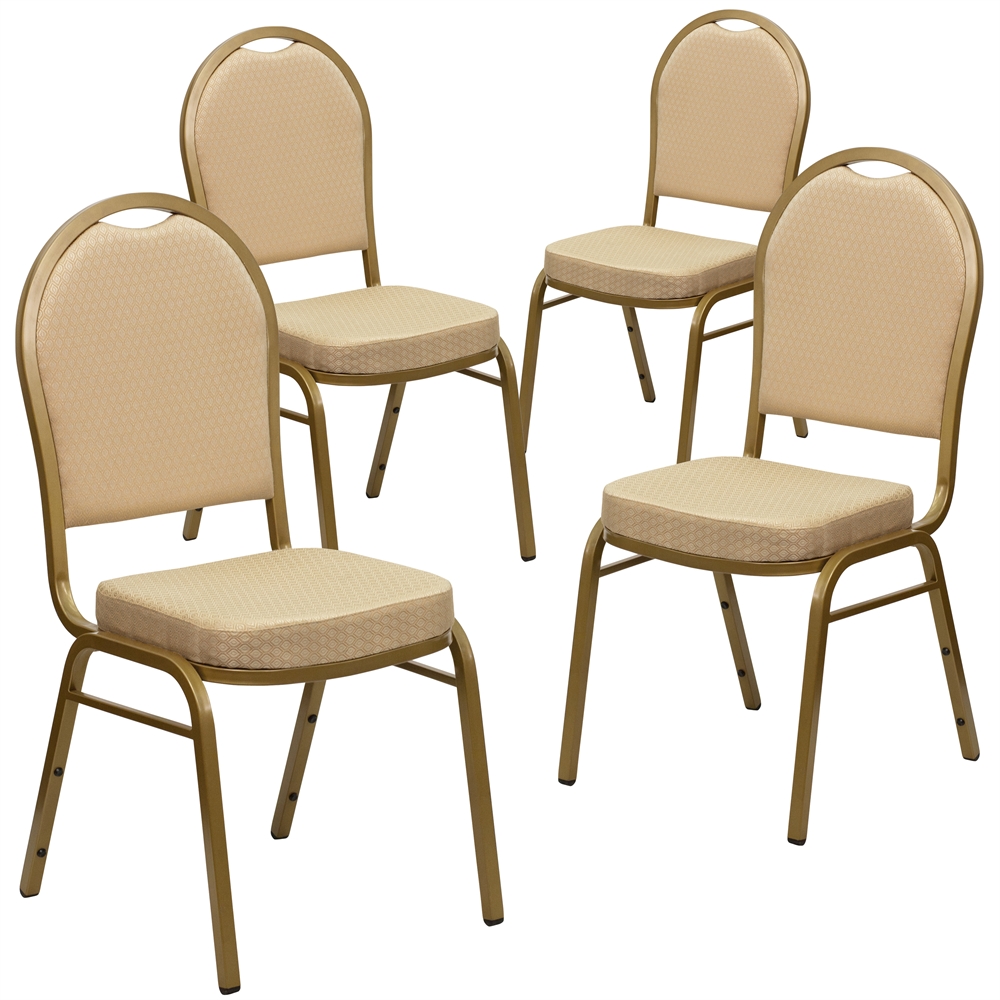 4 Pk. HERCULES Series Dome Back Stacking Banquet Chair with Beige Patterned Fabric and 2.5'' Thick Seat - Gold Frame. Picture 1