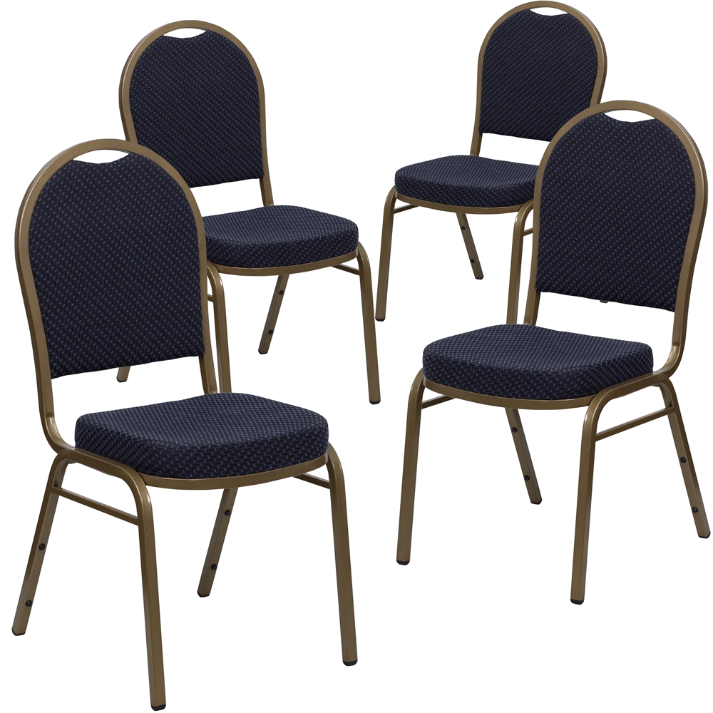 4 Pk. HERCULES Series Dome Back Stacking Banquet Chair with Navy Patterned Fabric and 2.5'' Thick Seat - Gold Frame. Picture 1