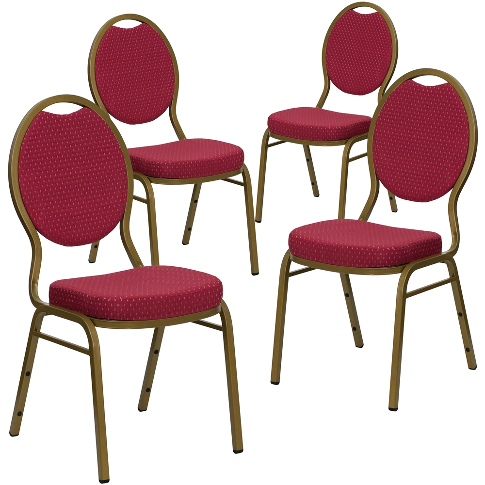 4 Pk. HERCULES Series Teardrop Back Stacking Banquet Chair with Burgundy Patterned Fabric and 2.5'' Thick Seat - Gold Frame. Picture 1