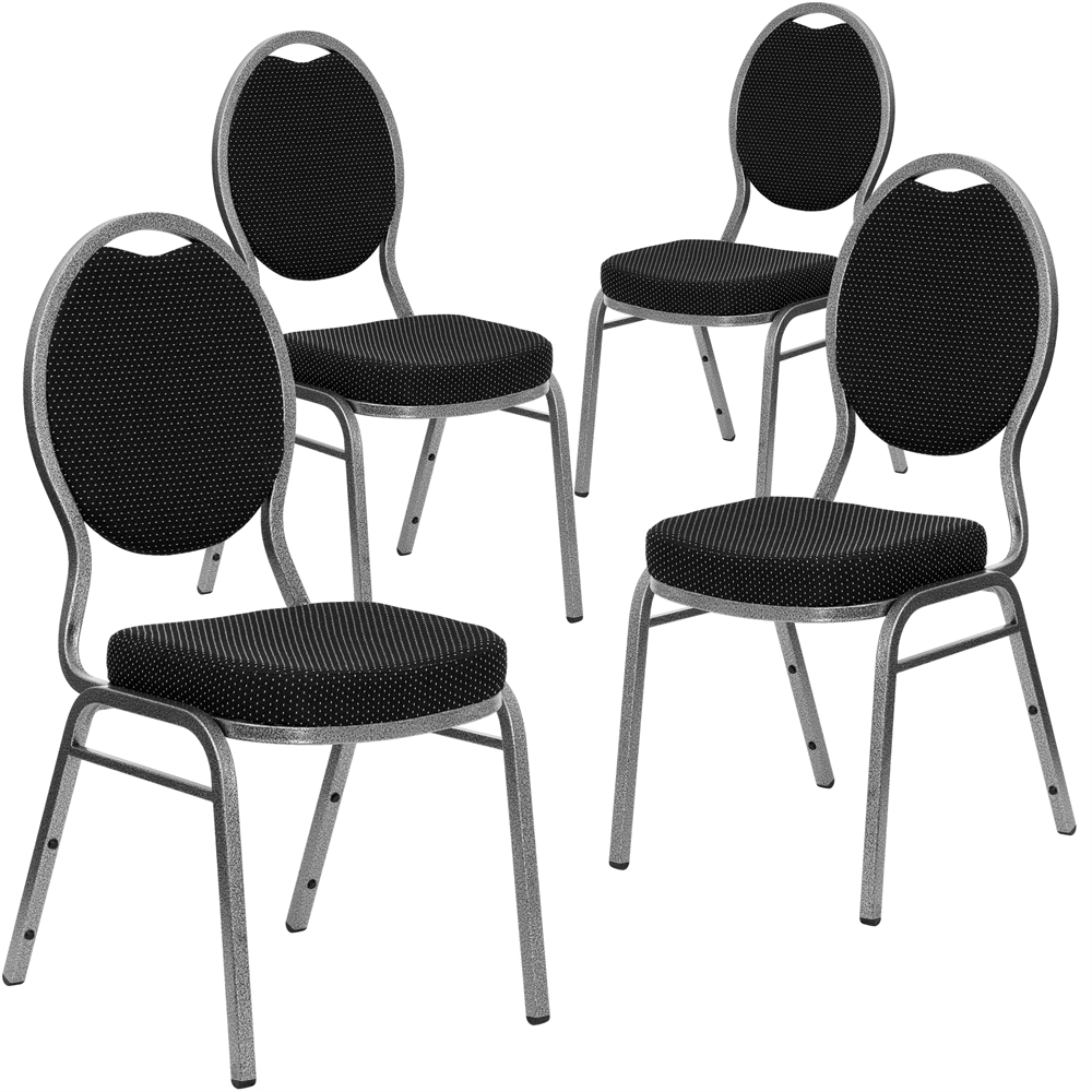 4 Pk. HERCULES Series Teardrop Back Stacking Banquet Chair with Black Patterned Fabric and 2.5'' Thick Seat - Silver Vein Frame. Picture 1