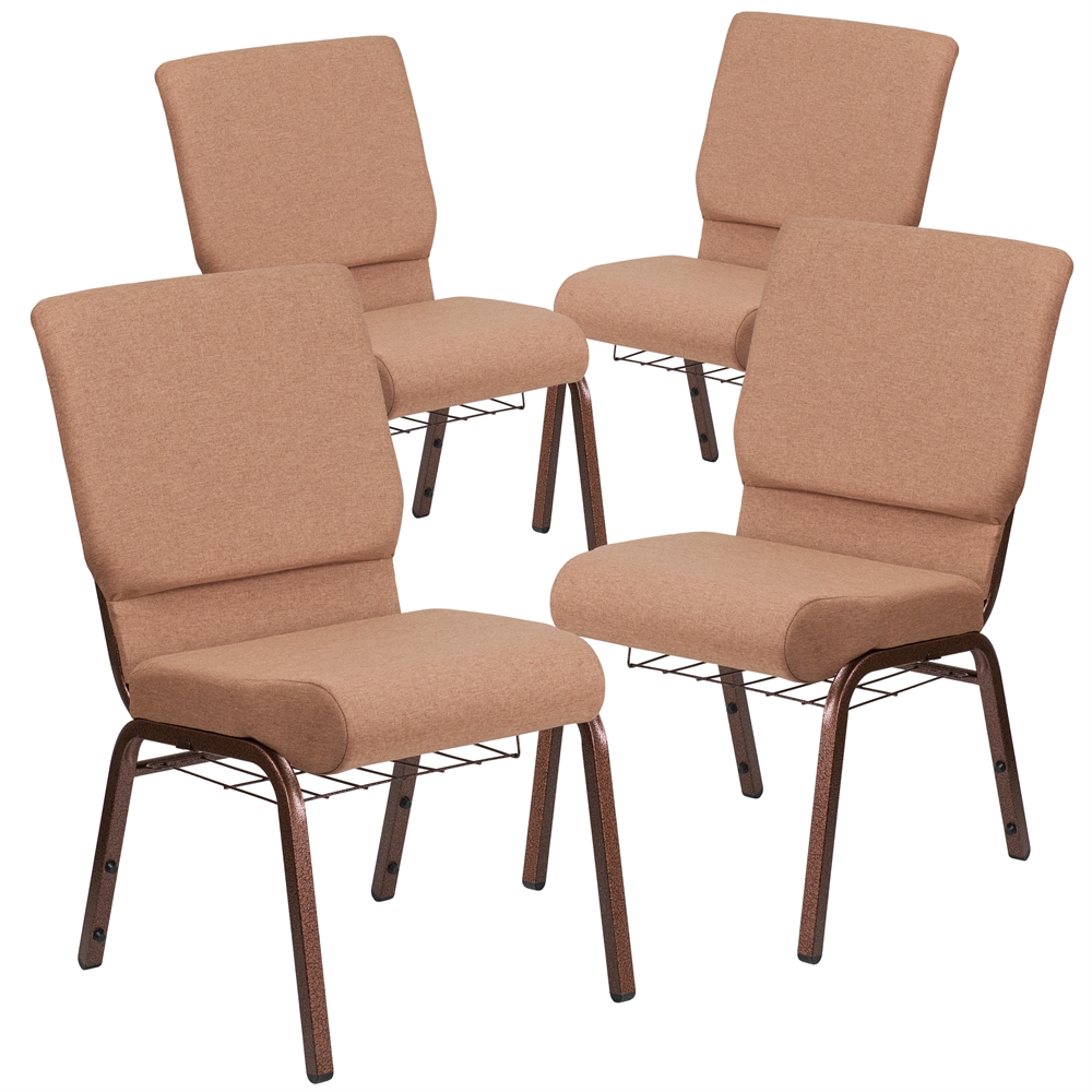 4 Pk. HERCULES Series 18.5''W Brown Fabric Church Chair with 4.25'' Thick Seat, Cup Book Rack - Copper Vein Frame. Picture 1