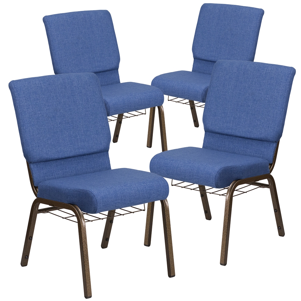 4 Pk. HERCULES Series 18.5''W Blue Fabric Church Chair with 4.25'' Thick Seat, Cup Book Rack - Gold Vein Frame. Picture 1
