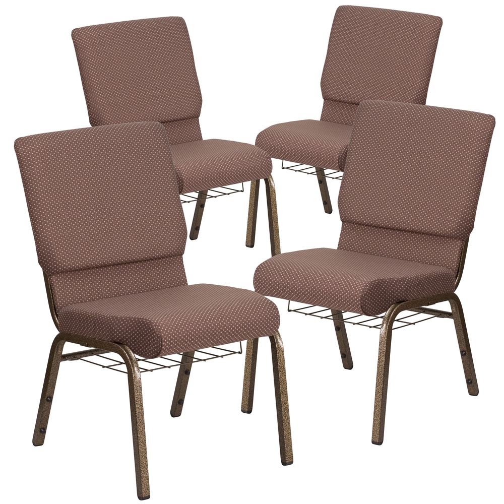 4 Pk. HERCULES Series 18.5''W Brown Dot Fabric Church Chair with 4.25'' Thick Seat, Book Rack - Gold Vein Frame. Picture 1