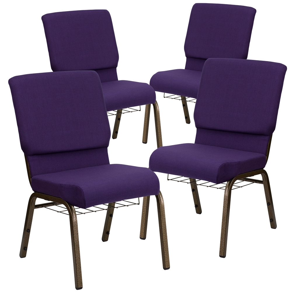 4 Pk. HERCULES Series 18.5''W Royal Purple Fabric Church Chair with 4.25'' Thick Seat, Communion Cup Book Rack - Gold Vein Frame. Picture 1
