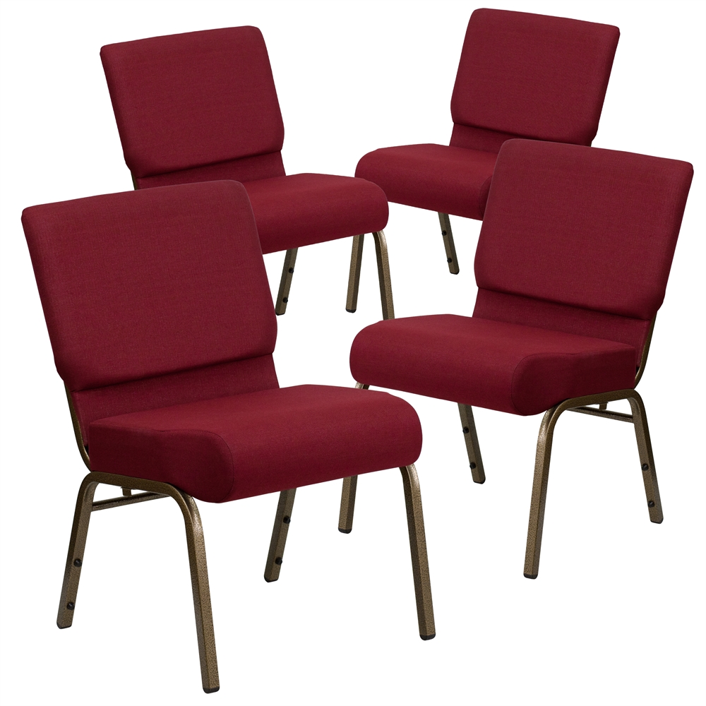 4 Pk. HERCULES Series 21'' Extra Wide Burgundy Fabric Stacking Church Chair with 4'' Thick Seat - Gold Vein Frame. Picture 1