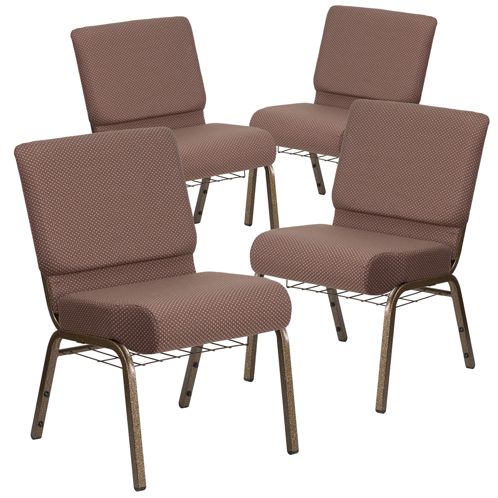 4 Pk. HERCULES Series 21'' Wide Brown Dot Fabric Church Chair with 4'' Thick Seat, Book Rack - Gold Vein Frame. Picture 1