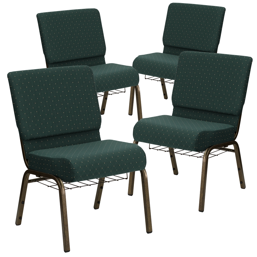 4 Pk. HERCULES Series 21'' Extra Wide Hunter Green Dot Patterned Fabric Church Chair with 4'' Thick Seat, Communion Cup Book Rack - Gold Vein Frame. Picture 1