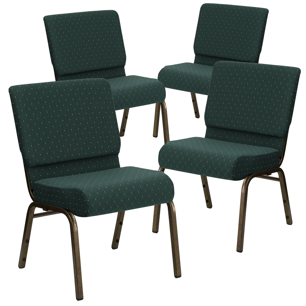 4 Pk. HERCULES Series 21'' Extra Wide Hunter Green Dot Patterned Fabric Stacking Church Chair with 4'' Thick Seat - Gold Vein Frame. Picture 1
