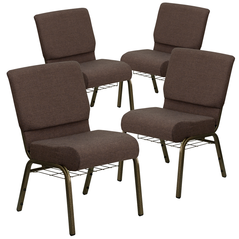 4 Pk. HERCULES Series 21'' Extra Wide Brown Fabric Church Chair with 4'' Thick Seat, Communion Cup Book Rack - Gold Vein Frame. Picture 1