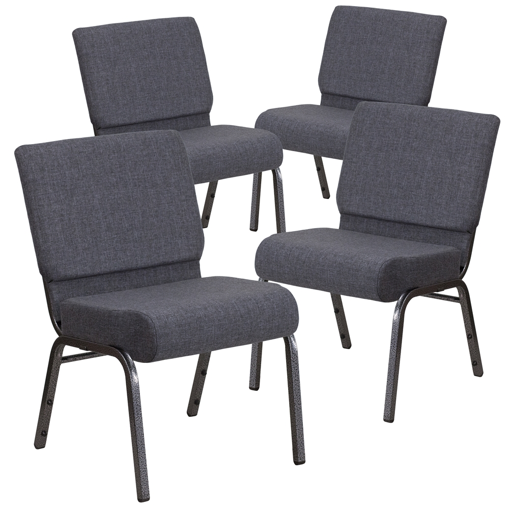 4 Pk. HERCULES Series 21'' Wide Dark Gray Fabric Stacking Church Chair with 4'' Thick Seat - Silver Vein Frame. Picture 1
