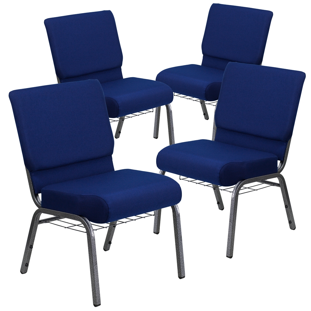 4 Pk. HERCULES Series 21'' Extra Wide Navy Blue Fabric Church Chair with 4'' Thick Seat, Communion Cup Book Rack - Silver Vein Frame. Picture 1