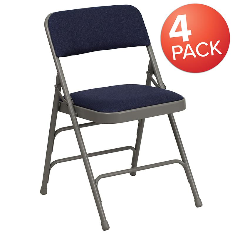 4 Pk. HERCULES Series Curved Triple Braced & Double Hinged Navy Fabric Metal Folding Chair. Picture 1