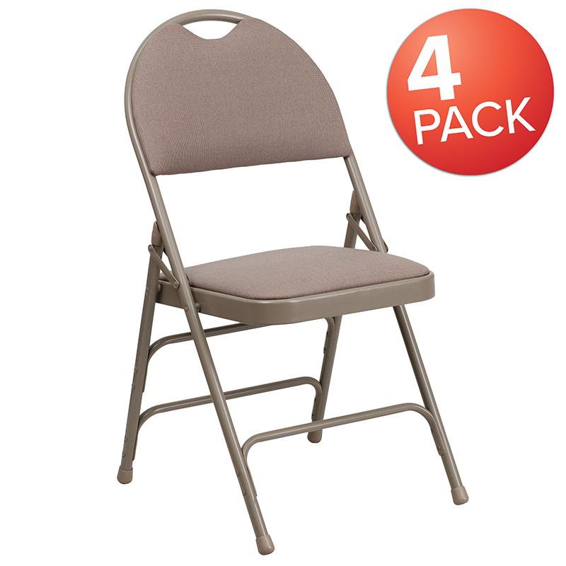 4 Pk. HERCULES Series Ultra-Premium Triple Braced Beige Fabric Metal Folding Chair with Easy-Carry Handle. Picture 1