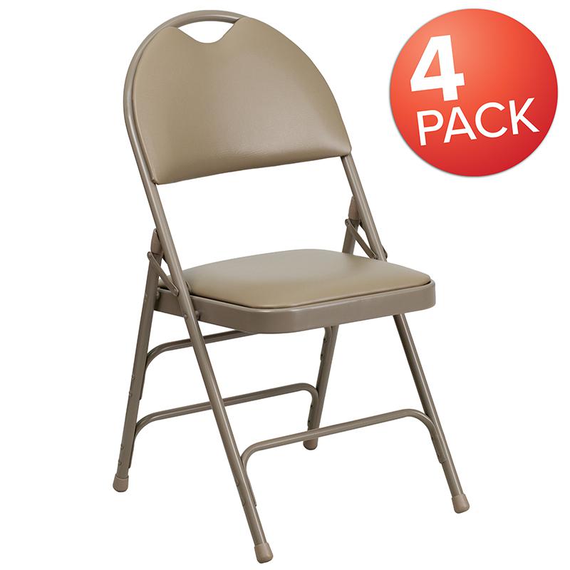 4 Pk. HERCULES Series Ultra-Premium Triple Braced Beige Vinyl Metal Folding Chair with Easy-Carry Handle. Picture 1