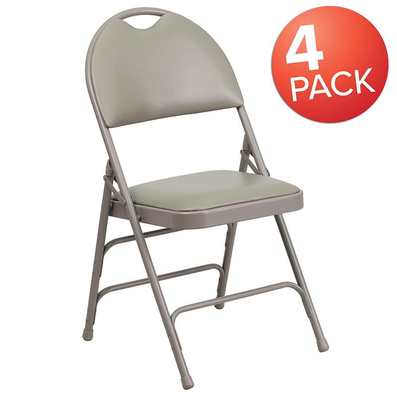 4 Pk. HERCULES Series Ultra-Premium Triple Braced Gray Vinyl Metal Folding Chair with Easy-Carry Handle. Picture 1