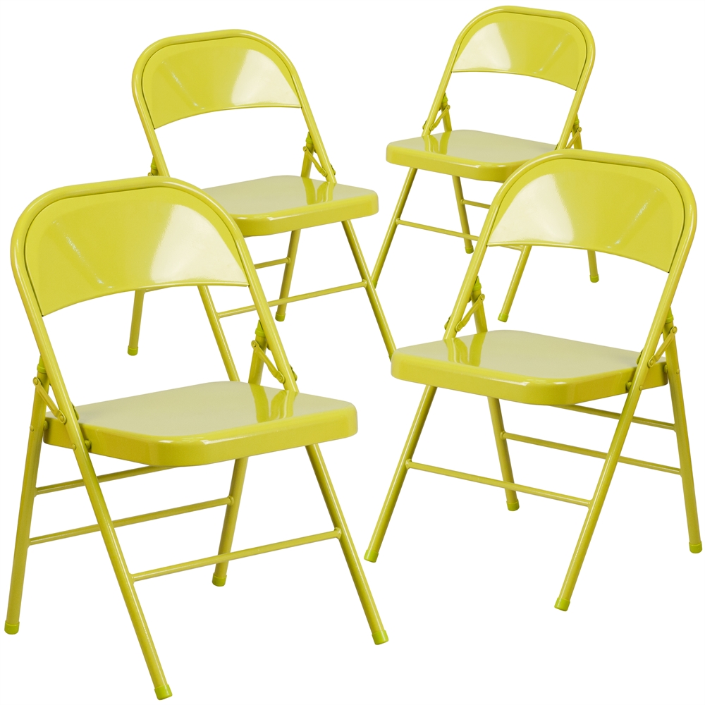 4 Pk. HERCULES COLORBURST Series Twisted Citron Triple Braced & Double Hinged Metal Folding Chair. Picture 1