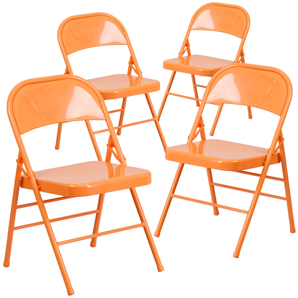 4 Pk. HERCULES COLORBURST Series Orange Marmalade Triple Braced & Double Hinged Metal Folding Chair. Picture 1