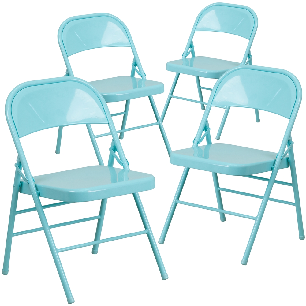 4 Pk. HERCULES COLORBURST Series Tantalizing Teal Triple Braced & Double Hinged Metal Folding Chair. Picture 1