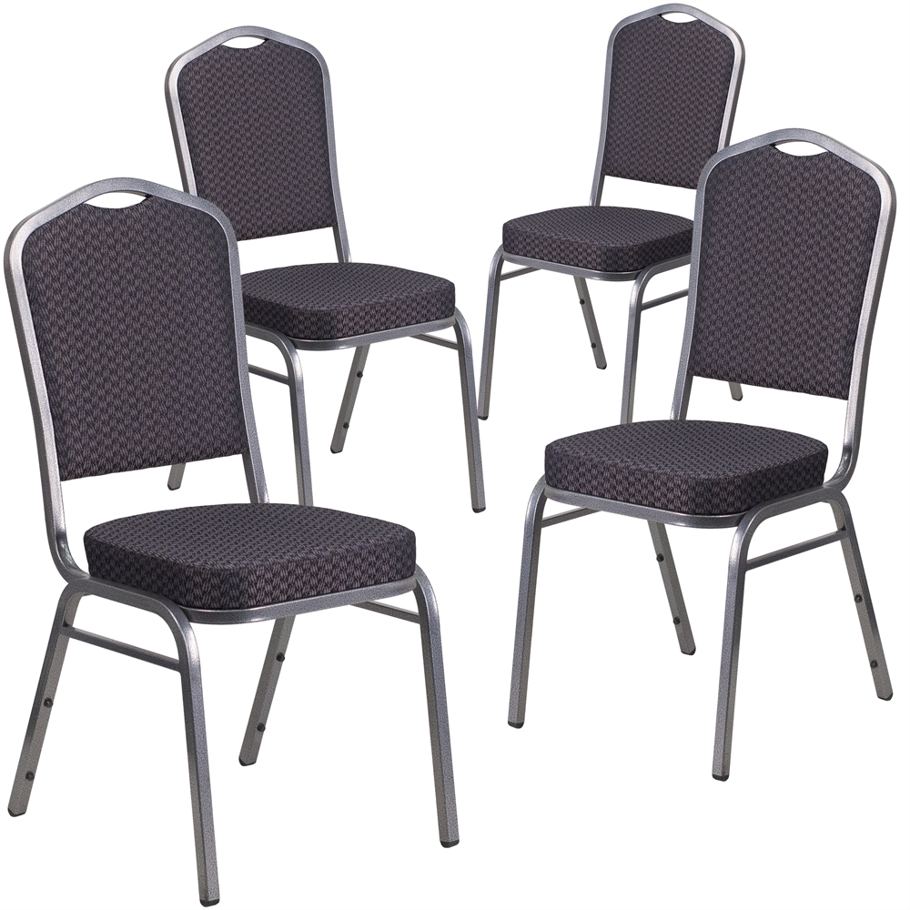 4 Pk. HERCULES Series Crown Back Stacking Banquet Chair with Black Patterned Fabric and 2.5'' Thick Seat - Silver Vein Frame. Picture 1