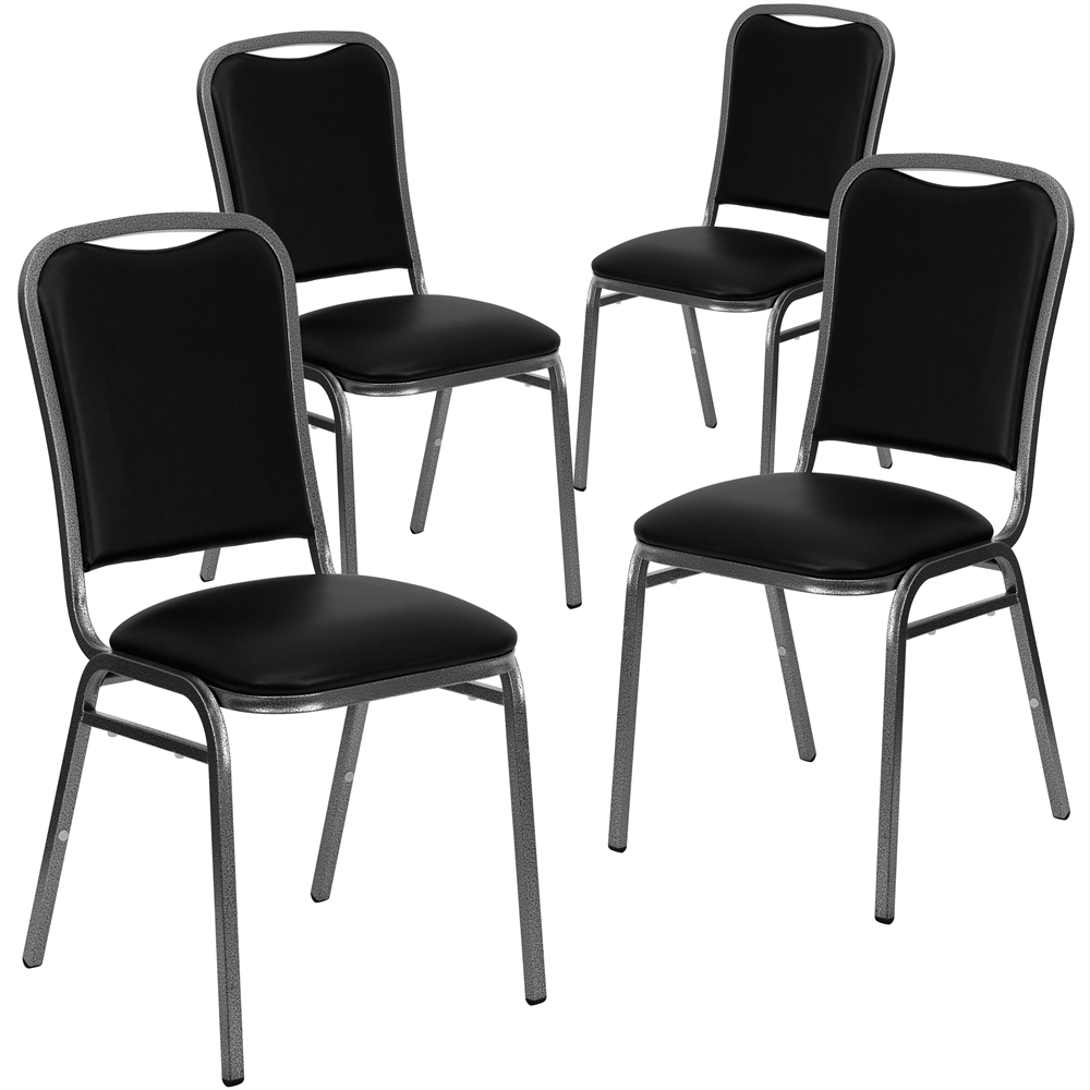 4 Pk. HERCULES Series Stacking Banquet Chair with Black Vinyl and 1.5'' Thick Seat - Silver Vein Frame. Picture 1