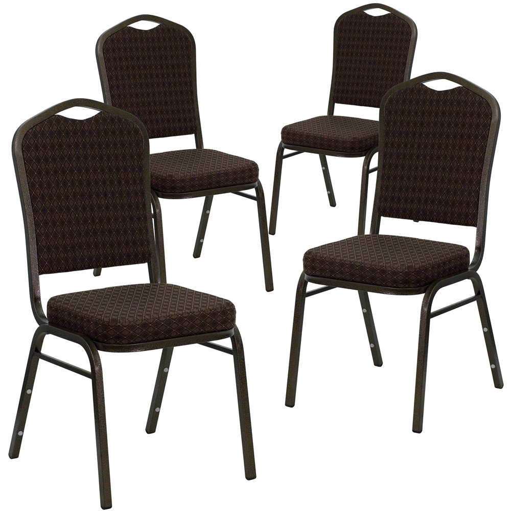 4 Pk. HERCULES Series Crown Back Stacking Banquet Chair with Brown Patterned Fabric and 2.5'' Thick Seat - Gold Vein Frame. Picture 1