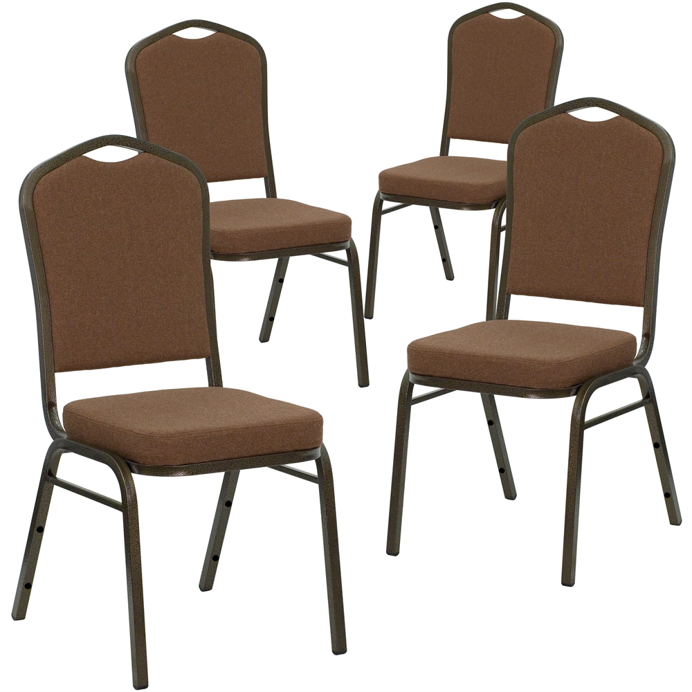 4 Pk. HERCULES Series Crown Back Stacking Banquet Chair with Coffee Fabric and 2.5'' Thick Seat - Gold Vein Frame. Picture 1