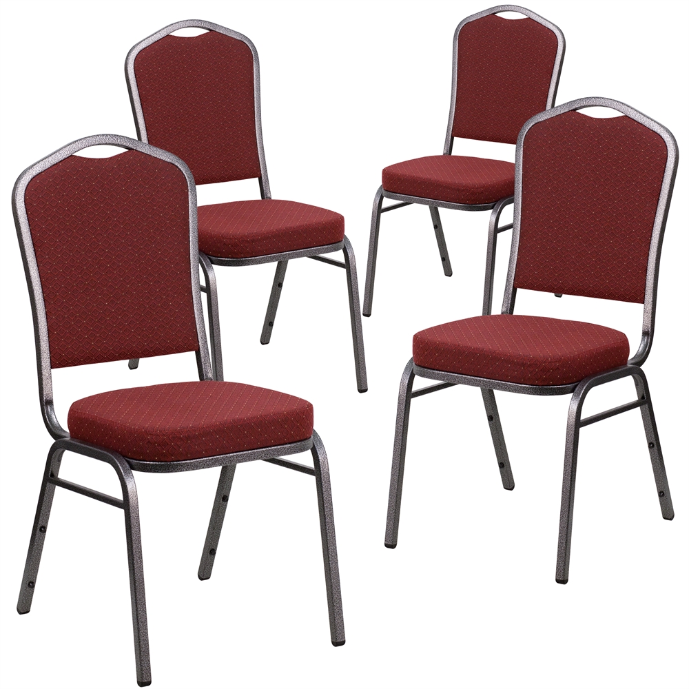 4 Pk. HERCULES Series Crown Back Stacking Banquet Chair with Burgundy Patterned Fabric and 2.5'' Thick Seat - Silver Vein Frame. Picture 1