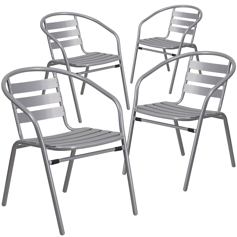 4 Pk. Silver Metal Restaurant Stack Chair with Aluminum Slats. Picture 1