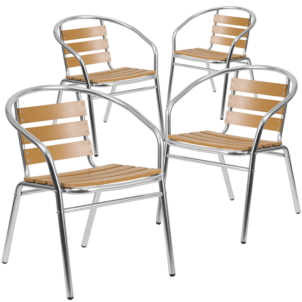 4 Pk. Aluminum Commercial Indoor-Outdoor Restaurant Stack Chair with Triple Slat Faux Teak Back. The main picture.