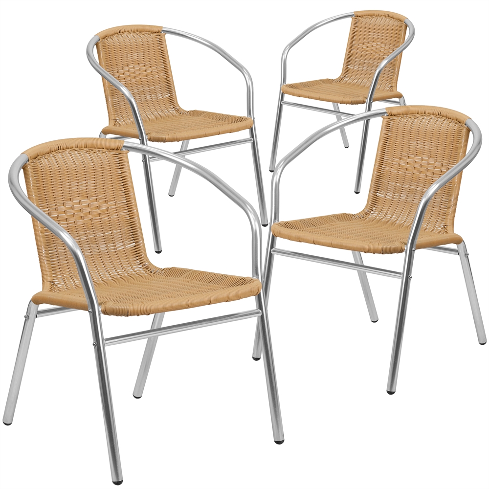 4 Pk. Aluminum and Beige Rattan Indoor-Outdoor Restaurant Chair. Picture 1