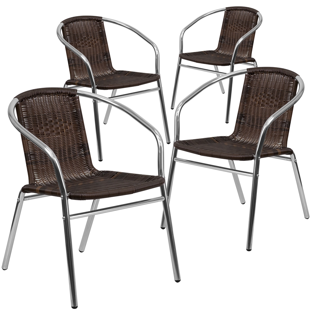 4 Pk. Aluminum and Dark Brown Rattan Commercial Indoor-Outdoor Restaurant Stack Chair. Picture 1