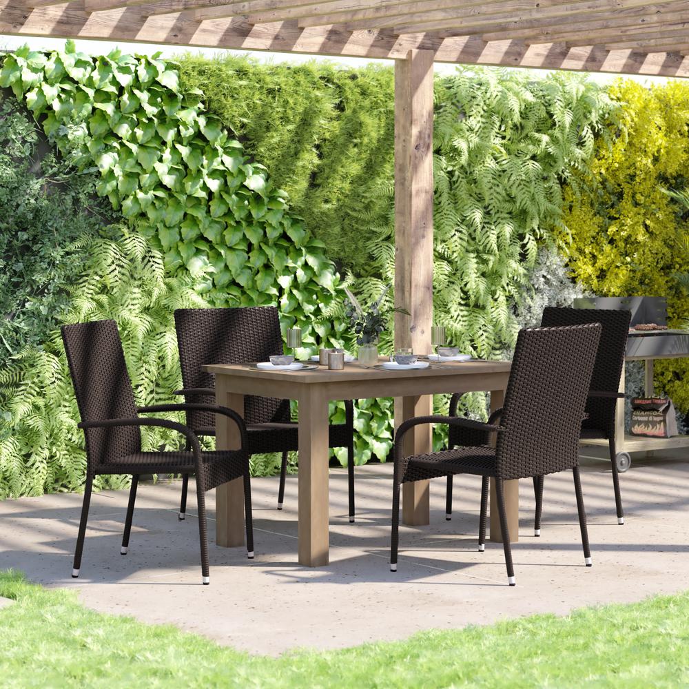 Maxim Set of 4 Stackable Indoor/Outdoor Wicker Dining Chairs with Arms - Fade & Weather-Resistant Steel Frames - Espresso. Picture 1